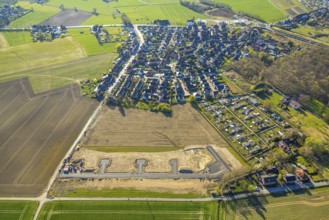 Aerial view, construction site and building area Josef-Lüffe-Park, new residential area, allotment