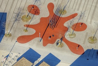 Aerial view, Campusplatz Süd with ground painting and resting places, Selm, Münsterland, North