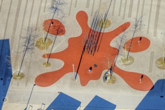 Aerial view, Campusplatz Süd with ground painting and resting places, Selm, Münsterland, North