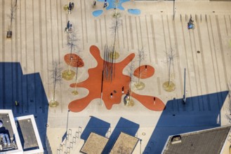 Aerial view, Campusplatz Süd with ground painting and resting places, Selm, Münsterland, North