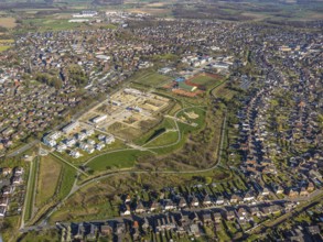 Aerial view, Living at Auenpark, Building area with new housing estate, Selm, Münsterland, North