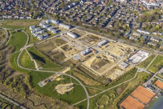 Aerial view, Living at Auenpark, Building area with new housing estate, Selm, Münsterland, North