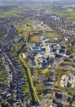 Aerial view, Auenpark with campus, grammar school, sports centre Sparkassen Arena and living at