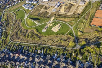 Aerial view, Auenpark and Selmer Bach with green area, residential area Grüner Weg, bycatch, Selm,