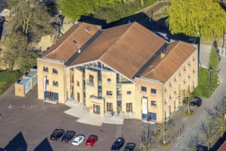 Aerial view, community centre and adult education centre VHS in the town centre, bycatch, Selm,