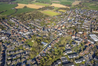 Aerial view, catholic parish church St. Ludger in the town centre residential area, Selm,