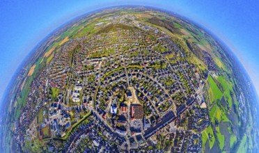 Aerial view, residential area, view of Selm, centre of Selm, earth globe, fisheye shot, 360 degree