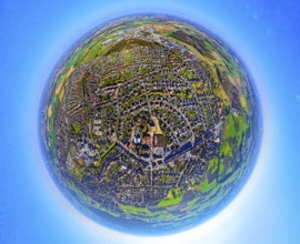 Aerial view, residential area, view of Selm, centre of Selm, earth globe, fisheye shot, 360 degree