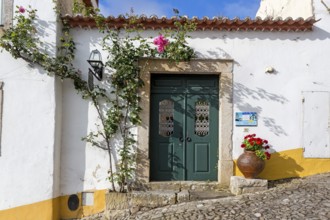 Rose-covered door, picturesque small town Obidos, Ãbidos, Leiria district, Portugal, Europe,