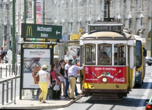 Colourful trams in Lisbon, Lisbon, Lisbon district, Portugal
