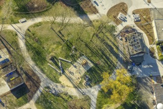 Aerial view, playground in Stephanuspark, Bork, Selm, Münsterland, North Rhine-Westphalia, Germany,