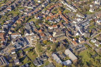 Aerial view, catholic St. Stephanus Kirche im Ortszentrum, Wohngebiet und Stephanuspark, Bork,