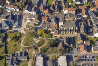 Aerial view, catholic St. Stephanus Kirche im Ortszentrum, Wohngebiet und Stephanuspark, Bork,