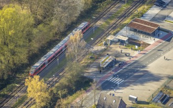 Aerial view, Bork station, S-Bahn and platform, Bork, Selm, Münsterland, North Rhine-Westphalia,