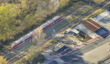 Aerial view, Bork station, S-Bahn and platform, Bork, Selm, Münsterland, North Rhine-Westphalia,