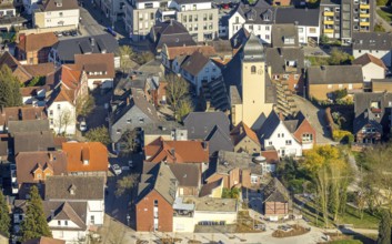 Aerial view, St. Stephanus Catholic Church in the town centre, residential area and view of Bork,