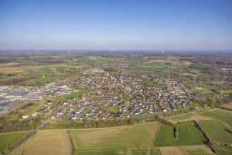 Aerial view, residential area, view of Bork district with distant view and blue sky, commercial