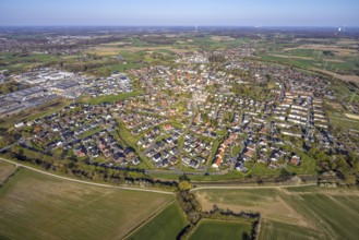 Aerial view, residential area, view of Bork district with distant view and blue sky, commercial