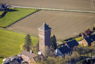 Aerial view, water tower in Cappenberg, rectangular water tower in brick construction, Selm,