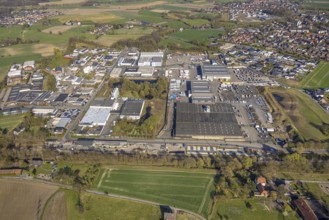 Aerial view, industrial area with construction site at the railway station at Bahnhofstraße, Bork,