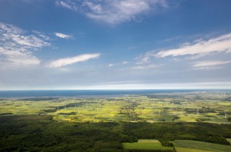Wind farm, wind power plants, fields, forests, Szczeglino, Steglin, Baltic Sea coast, Województwo