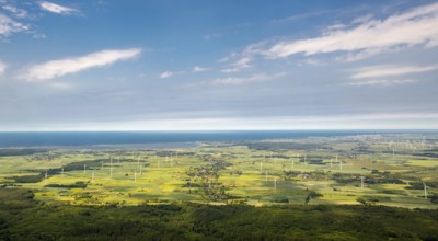 Wind farm, wind power plants, fields, forests, Szczeglino, Steglin, Baltic Sea coast, Województwo