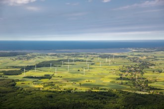 Wind farm, wind power plants, fields, forests, Szczeglino, Steglin, Baltic Sea coast, Województwo