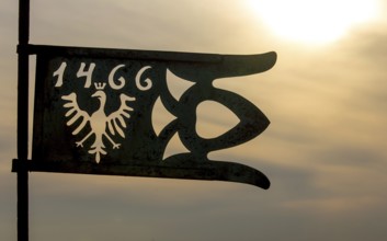 GdaÅsk, bronze flag on the tower of St Mary's Church, Gdansk, Baltic Sea coast, Baltic Sea,