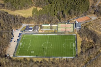 Aerial photo, football stadium TuS Rhode e.V. and tennis courts TC Rhode, Rhode, Olpe, Sauerland,