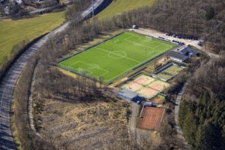 Aerial photo, football stadium TuS Rhode e.V. and tennis courts TC Rhode, Rhode, Olpe, Sauerland,
