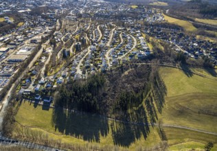 Aerial view, residential area, local view Stauffenbergring, trees with shadows, Olpe town, Olpe,