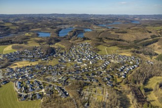 Aerial view, residential area, local view Rohde and Biggesee dam, forest area, Rhode, Olpe,