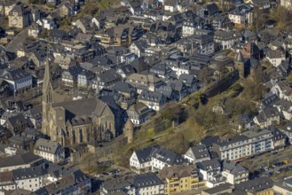 Aerial view, catholic church St. Martinus, city wall with angel tower and witch tower, evang.