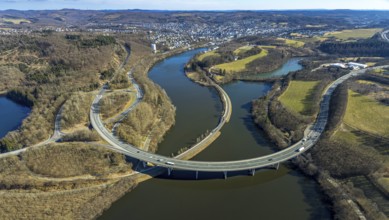 Aerial view, Biggesee with forest area, Obersee with bridge Landesstraße L512, curved bridge