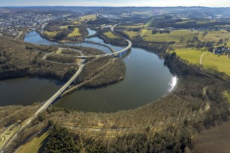 Aerial view, Biggesee with forest area, Obersee with bridge Landesstraße L512, curved bridge