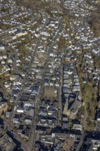 Aerial view, catholic church St. Martinus, town wall with angel tower and witch tower, evang.