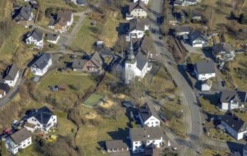 Aerial view, residential area, view of Neuenkleusheim district with St. Georg church, Stachelau,