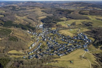 Aerial view, residential area, view of Neuenkleusheim district with St. Georg church, forest with
