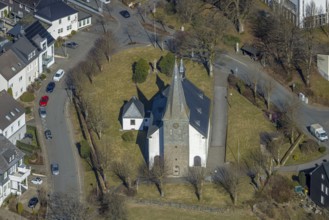 Aerial view, church parish of St. Cyriakus Rhode in the town centre, Rhode, Olpe, Sauerland, North