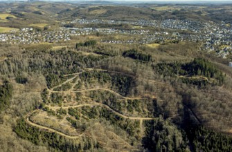 Aerial view, hiking trails in the forest area Hoher Bilstein, view of Olpe town, Olpe, Sauerland,