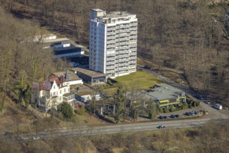 Aerial view, skyscraper In der Wüste, left the Biggeschlösschen, Olpe city, Olpe, Sauerland, North