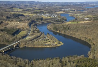 Aerial view, Biggesee dam with forest area and Kirchesohl peninsula, bridge Landesstraße L512,