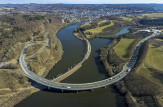 Aerial view, Biggesee with forest area, Obersee with bridge Landesstraße L512, curved bridge