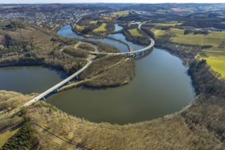 Aerial view, Biggesee with forest area, Obersee with bridge Landesstraße L512, curved bridge