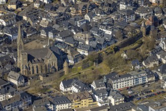 Aerial view, catholic church St. Martinus, city wall with angel tower and witch tower, evang.