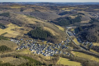 Aerial view, residential area, view of Stachelau district, forest area with forest damage and hilly