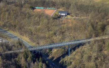 Aerial view, pedestrian bridge Pallottinerweg over the federal road B54 in the forest area, tennis
