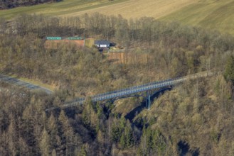 Aerial view, pedestrian bridge Pallottinerweg over the federal road B54 in the forest area, tennis