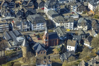 Aerial view, city wall with witch tower, evang. Church Olpe, OT Olpe youth centre and children's