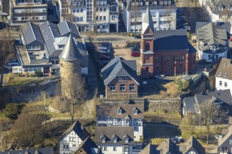 Aerial view, town wall with witch tower and evangelic church Olpe, OT Olpe youth centre and